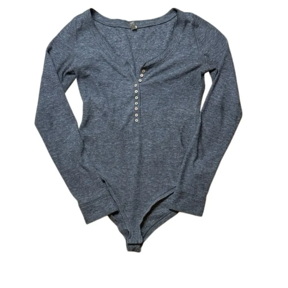 Free People Women's Medium Dylan Waffle Thermal Bodysuit Button Gray